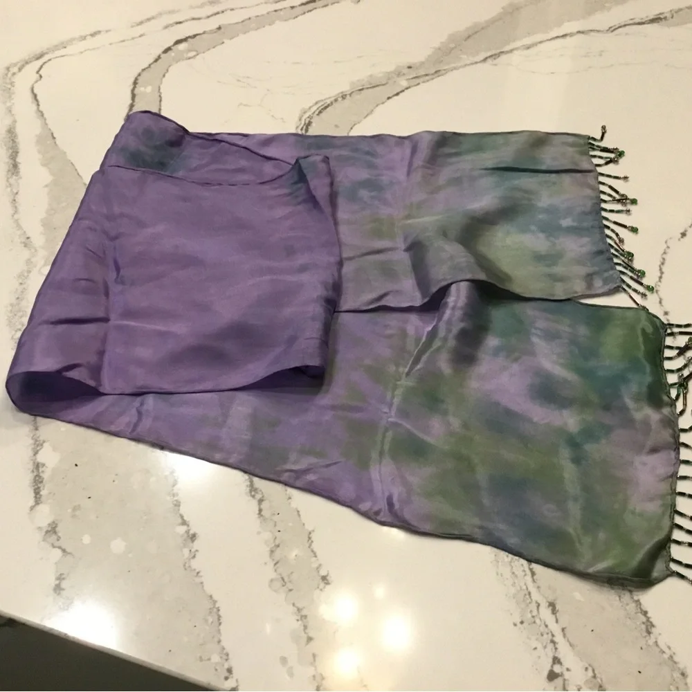 Purple & Green Silk Scarf with Trim - Picture 3 of 5